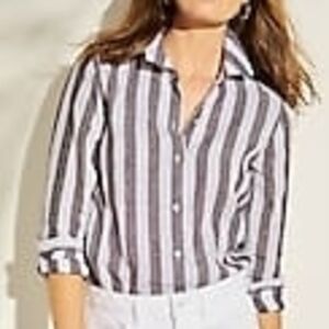 J. Jill Love Linen Brown Cream Buttondown Linen Shirt Sz XL Excellent Condition